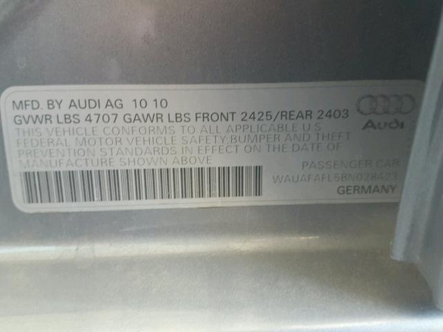 WAUAFAFL5BN028423 - 2011 AUDI A4 PREMIUM SILVER photo 10