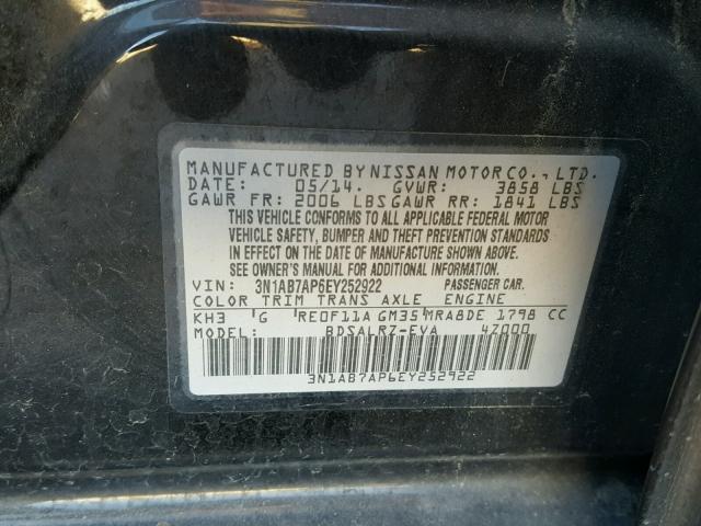 3N1AB7AP6EY252922 - 2014 NISSAN SENTRA S BLACK photo 10