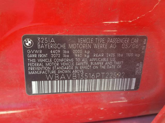 WBAVB13516PT22592 - 2006 BMW 325 I RED photo 10