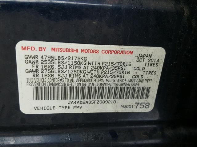 JA4AD2A35FZ009210 - 2015 MITSUBISHI OUTLANDER BLUE photo 10