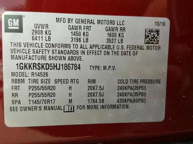 1GKKRSKD5HJ186784 - 2017 GMC ACADIA LIM BURGUNDY photo 10