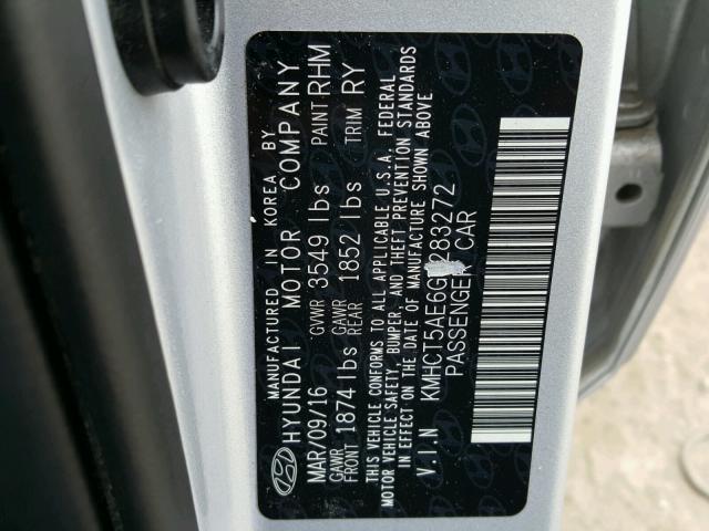 KMHCT5AE6GU283272 - 2016 HYUNDAI ACCENT SE SILVER photo 10