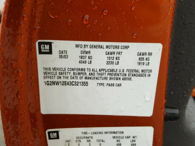 1G2NW12E43C321355 - 2003 PONTIAC GRAND AM G ORANGE photo 10