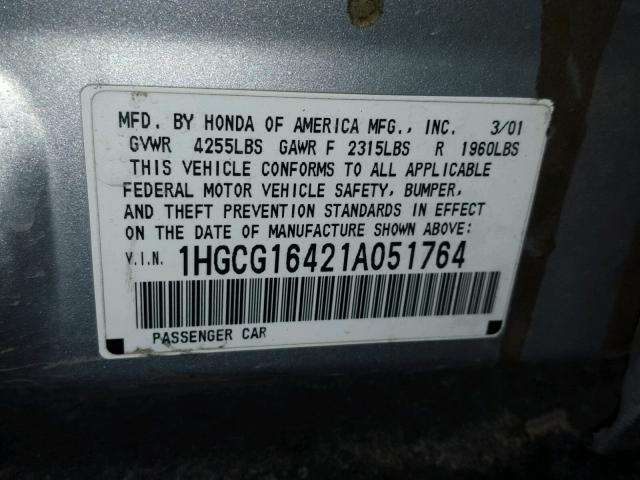 1HGCG16421A051764 - 2001 HONDA ACCORD LX SILVER photo 10