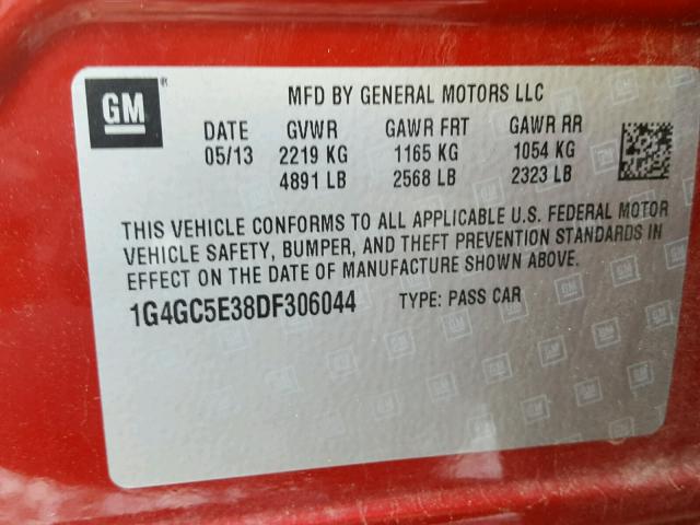 1G4GC5E38DF306044 - 2013 BUICK LACROSSE RED photo 10