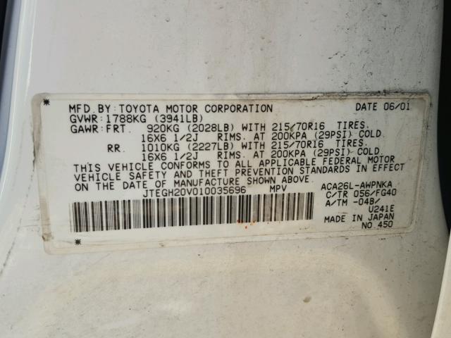 JTEGH20V010035696 - 2001 TOYOTA RAV4 WHITE photo 10