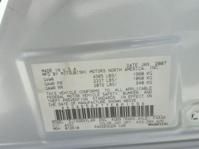 4A3AB56F77E061394 - 2007 MITSUBISHI GALANT ES GRAY photo 10