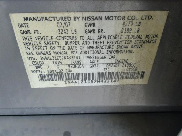 1N4AL21E57N433141 - 2007 NISSAN ALTIMA 2.5 BLUE photo 10