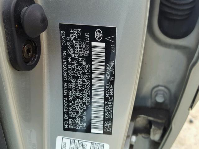 JTDBF32K630151095 - 2003 TOYOTA CAMRY LE SILVER photo 10