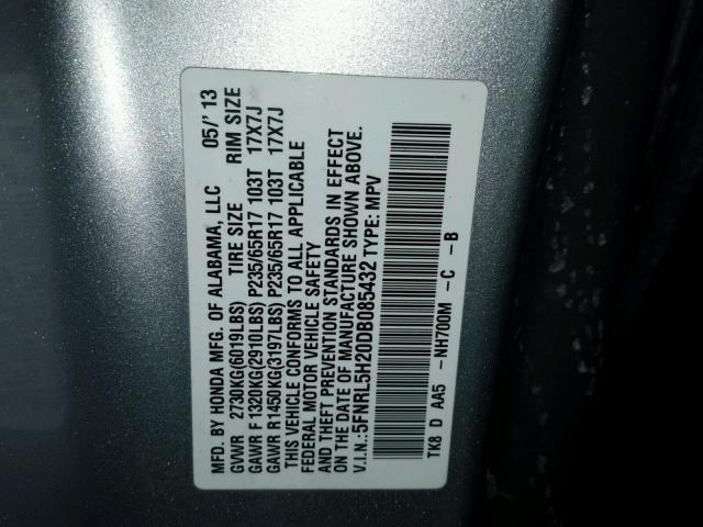 5FNRL5H20DB085432 - 2013 HONDA ODYSSEY LX SILVER photo 10