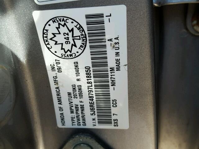 5J6RE48797L818850 - 2007 HONDA CR-V EXL SILVER photo 10