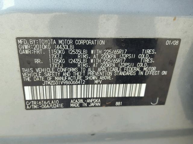 JTMZD31V986068412 - 2008 TOYOTA RAV4 LIMIT GRAY photo 10