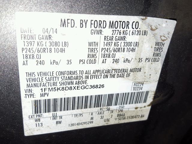 1FM5K8D8XEGC36826 - 2014 FORD EXPLORER X GRAY photo 10