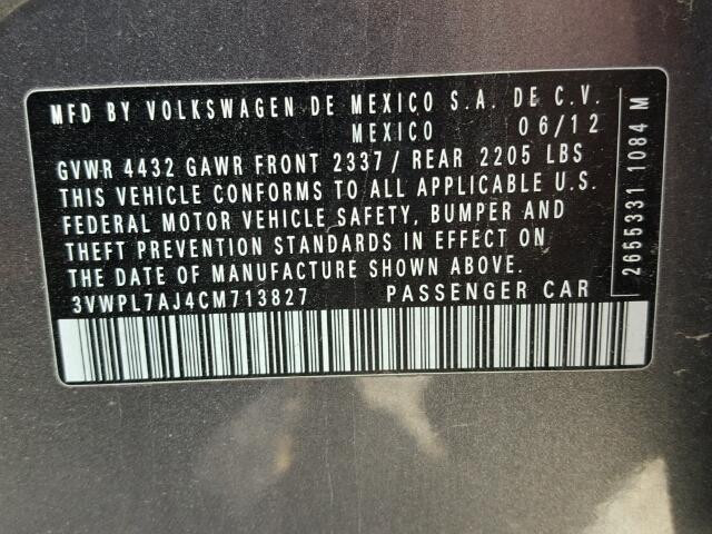 3VWPL7AJ4CM713827 - 2012 VOLKSWAGEN JETTA TDI GRAY photo 10