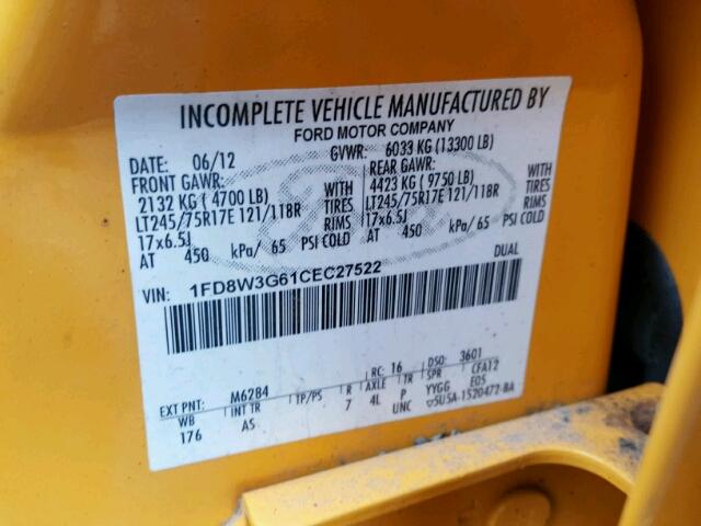 1FD8W3G61CEC27522 - 2012 FORD F350 SUPER YELLOW photo 10