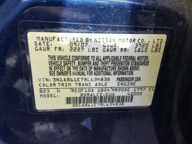 3N1AB61E78L634838 - 2008 NISSAN SENTRA 2.0 BLUE photo 10