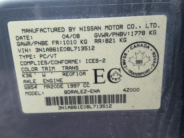 3N1AB61E08L713512 - 2008 NISSAN SENTRA 2.0 SILVER photo 10