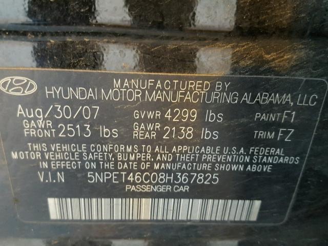 5NPET46C08H367825 - 2008 HYUNDAI SONATA GLS BLACK photo 10