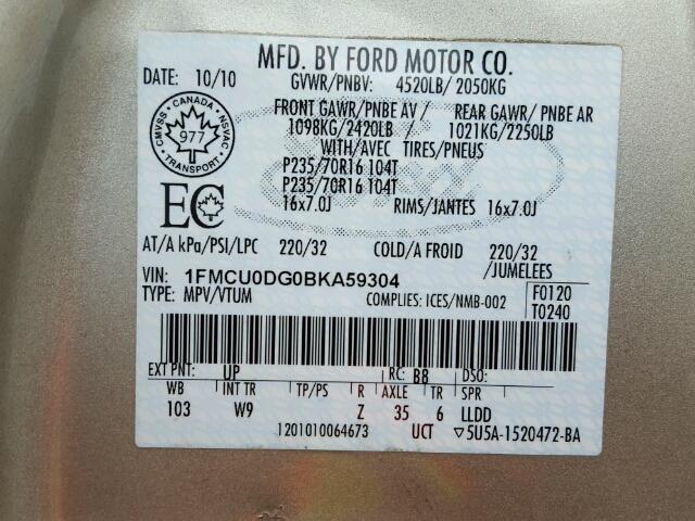 1FMCU0DG0BKA59304 - 2011 FORD ESCAPE XLT BEIGE photo 10