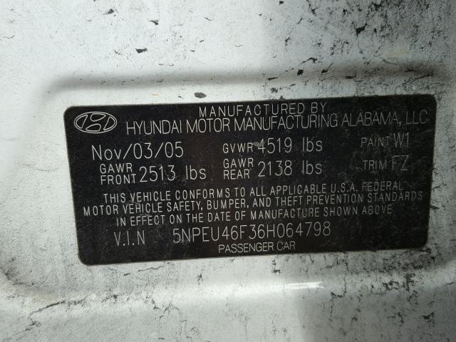 5NPEU46F36H064798 - 2006 HYUNDAI SONATA GLS WHITE photo 10