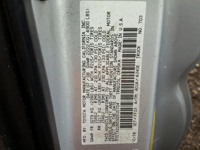 5TETX22N59Z615704 - 2009 TOYOTA TACOMA ACC SILVER photo 10