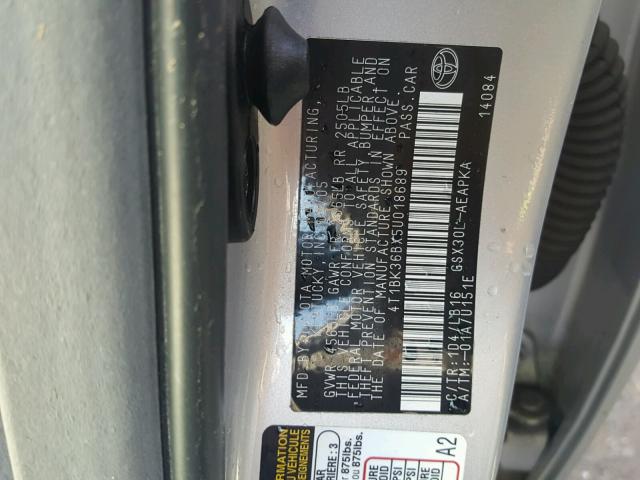 4T1BK36BX5U018689 - 2005 TOYOTA AVALON XL SILVER photo 10