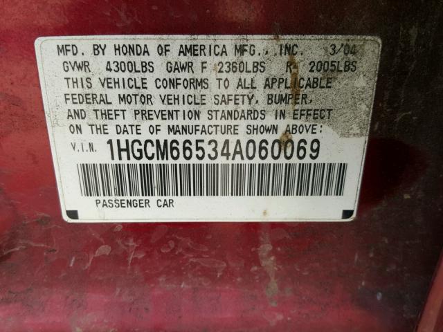 1HGCM66534A060069 - 2004 HONDA ACCORD EX RED photo 10