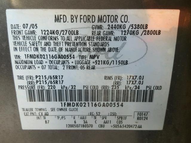 1FMDK02116GA00554 - 2006 FORD FREESTYLE GRAY photo 10