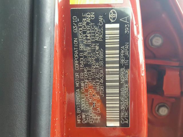 JTDBT4K30A1387885 - 2010 TOYOTA YARIS RED photo 10