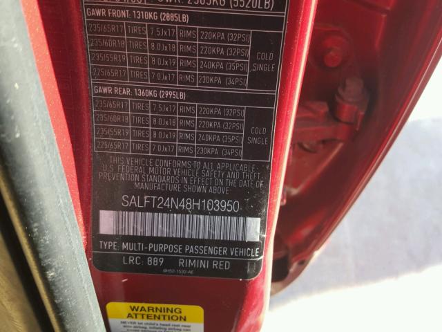 SALFT24N48H103950 - 2008 LAND ROVER LR2 HSE TE RED photo 10