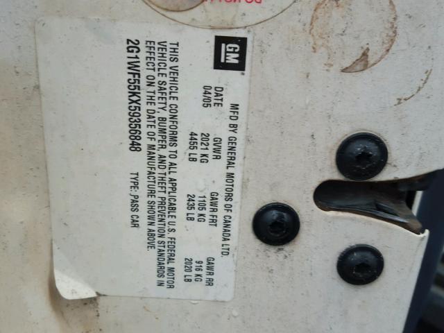 2G1WF55KX59356848 - 2005 CHEVROLET IMPALA 白色 照片 10