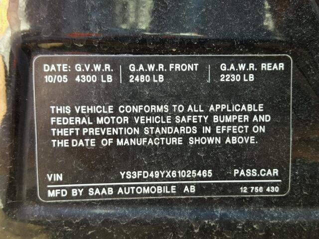 YS3FD49YX61025465 - 2006 SAAB 9-3 BASE BLACK photo 10