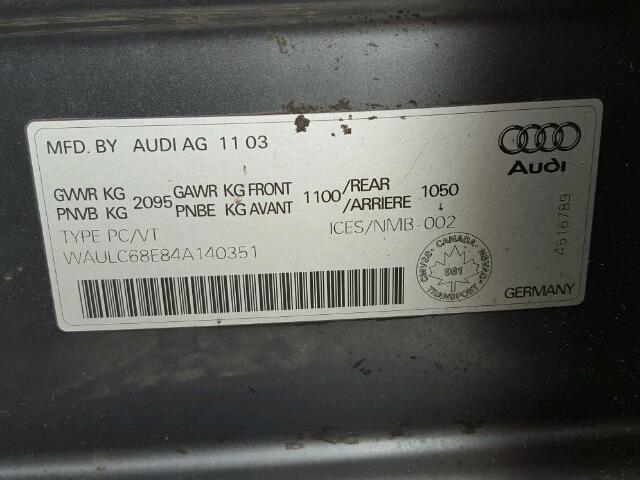 WAULC68E84A140351 - 2004 AUDI A4 1.8T QU BLUE photo 10