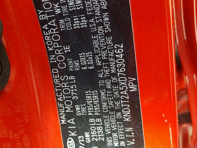 KNDJT2A5XD7630462 - 2013 KIA SOUL RED photo 10