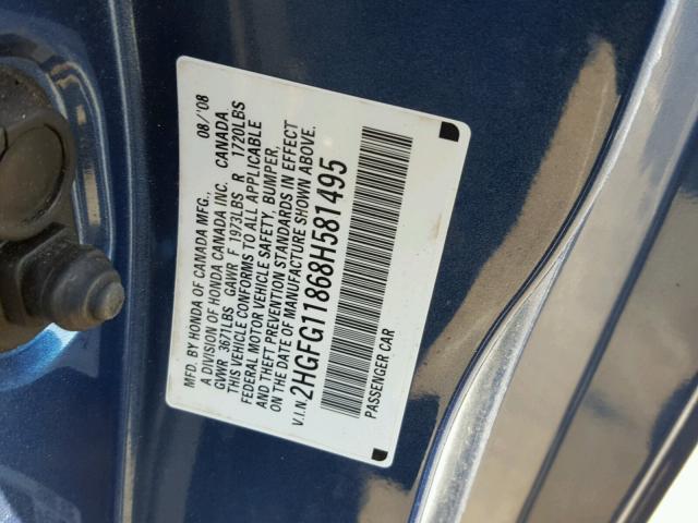 2HGFG11868H581495 - 2008 HONDA CIVIC EX ლურჯი ფოტო 10