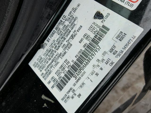 3FAHP0HA6BR297957 - 2011 FORD FUSION SE BLACK photo 10