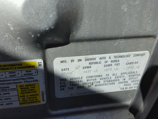 KL1TD66E19B343206 - 2009 CHEVROLET AVEO LS SILVER photo 10