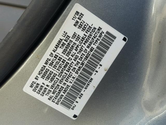 5FNRL38719B027482 - 2009 HONDA ODYSSEY EX SILVER photo 10