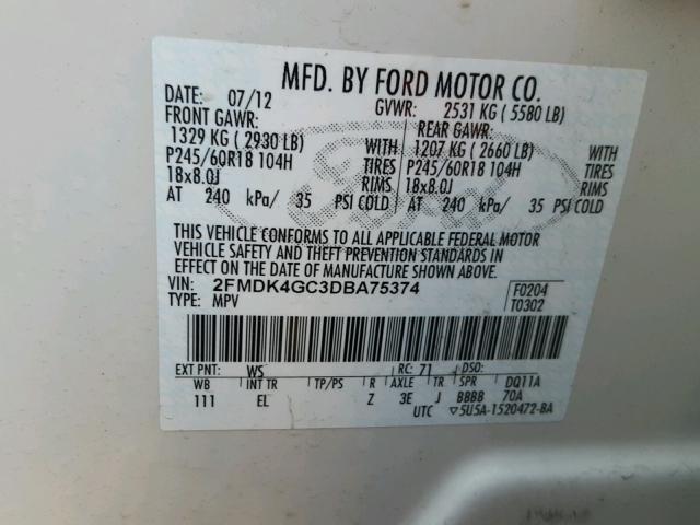 2FMDK4GC3DBA75374 - 2013 FORD EDGE SE WHITE photo 10