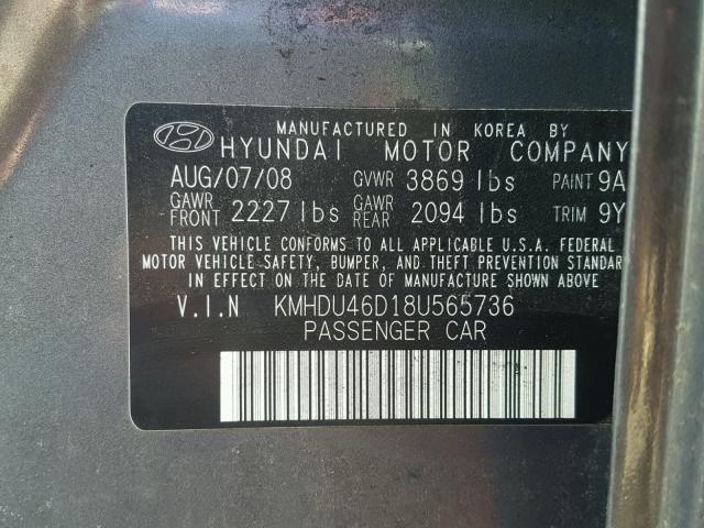 KMHDU46D18U565736 - 2008 HYUNDAI ELANTRA GL GRAY photo 10