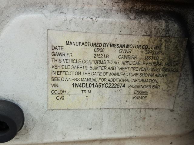 1N4DL01A6YC222574 - 2000 NISSAN ALTIMA XE WHITE photo 10