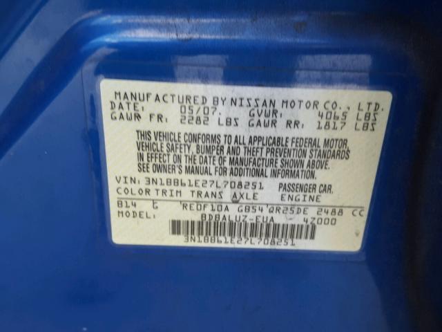 3N1BB61E27L708251 - 2007 NISSAN SENTRA SE- BLUE photo 10