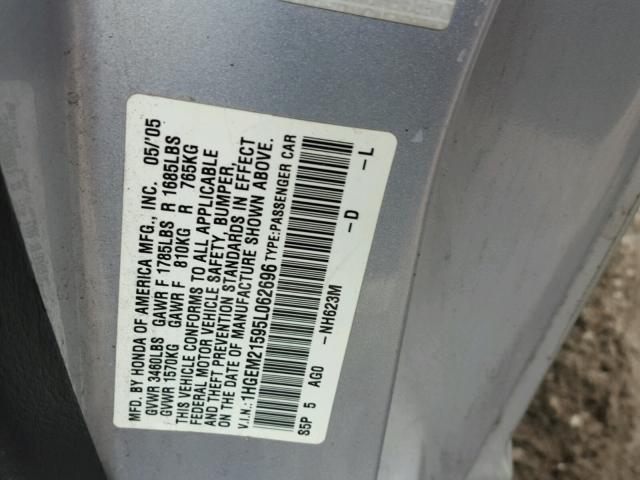 1HGEM21595L062696 - 2005 HONDA CIVIC LX SILVER photo 10