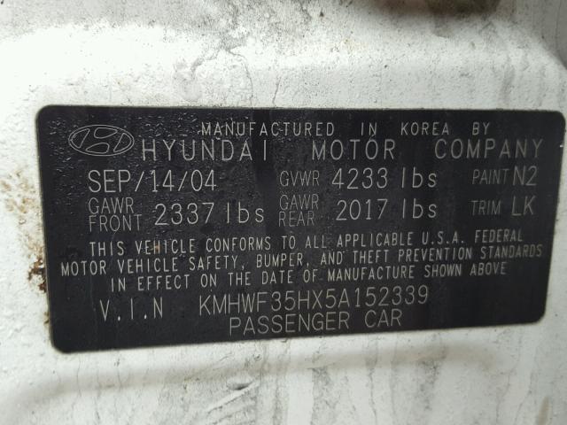 KMHWF35HX5A152339 - 2005 HYUNDAI SONATA GLS WHITE photo 10