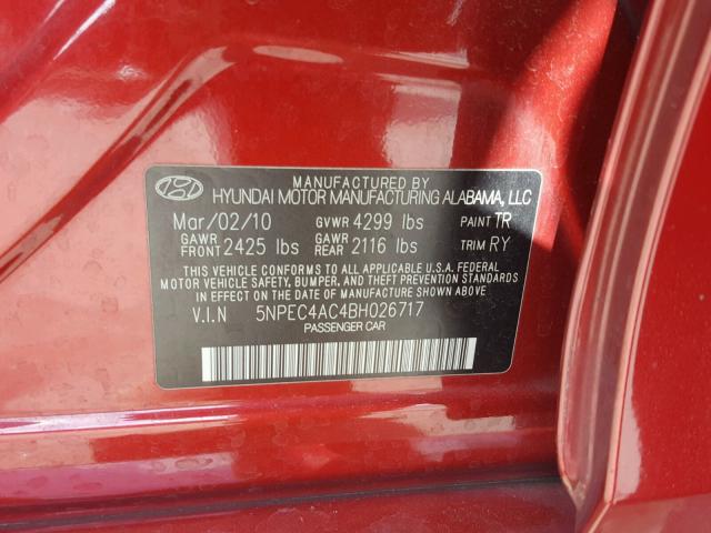 5NPEC4AC4BH026717 - 2011 HYUNDAI SONATA SE RED photo 10