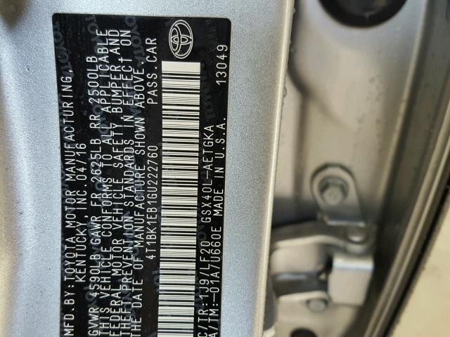 4T1BK1EB1GU222760 - 2016 TOYOTA AVALON XLE SILVER photo 10