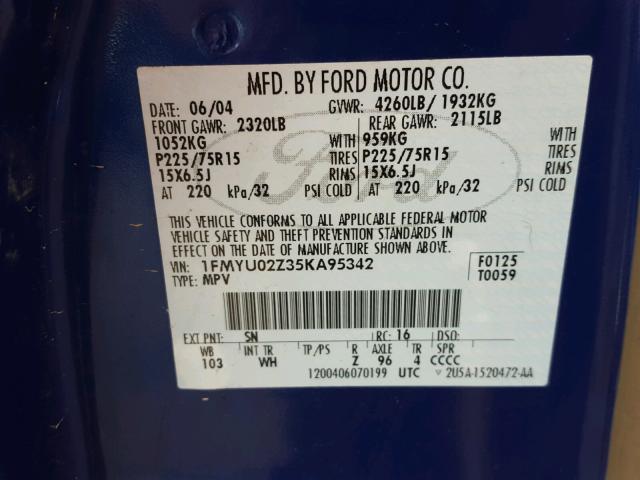 1FMYU02Z35KA95342 - 2005 FORD ESCAPE XLS BLUE photo 10