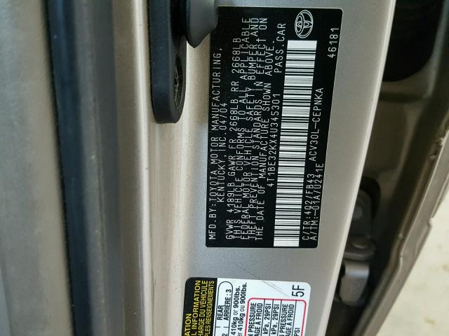 4T1BE32KX4U345301 - 2004 TOYOTA CAMRY LE TAN photo 10
