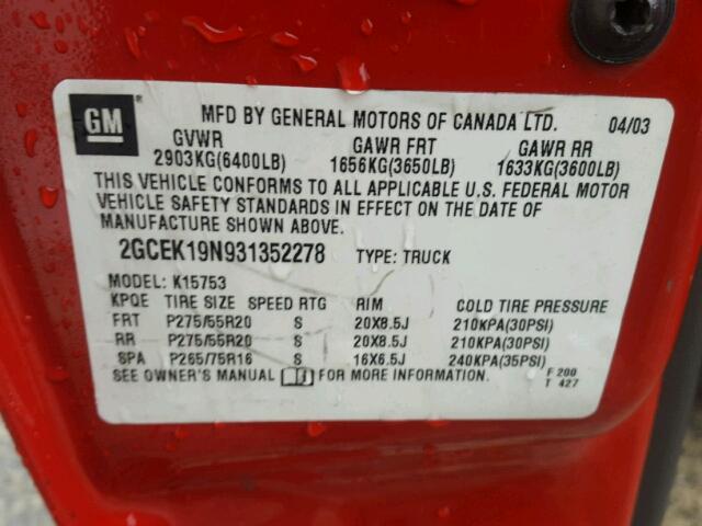 2GCEK19N931352278 - 2003 CHEVROLET SILVERADO RED photo 10