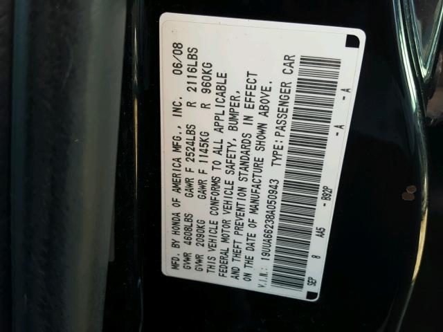 19UUA66238A050943 - 2008 ACURA TL BLACK photo 10